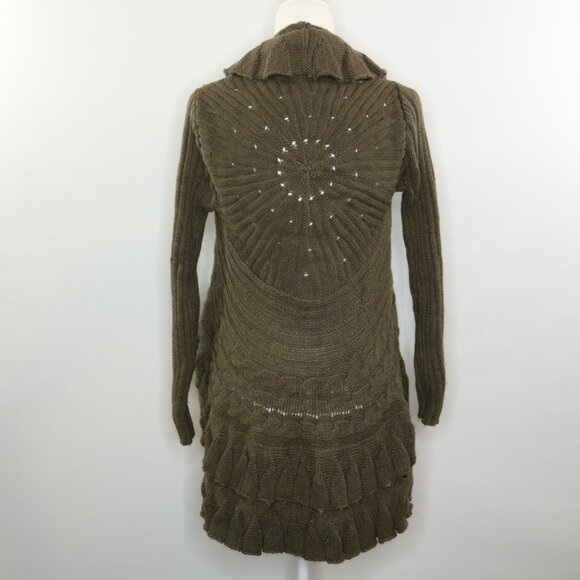 John Fashion Cardigan Sweater Open Front Draped Ruffles Knit Green Brown - Picture 4 of 11